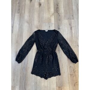 Black Sequin Embroidered Romper Women Small Embroidered Long‎ Sleeve V-Neck